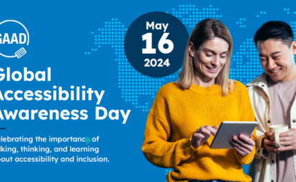 Global Accessibility Awareness Day, 16th May 2024. Celebrating the importance of talking, thinking, and learning about accessibility and inclusion. GAAD white logo on graphic, with an image of 2 people looking at a tablet and smiling. Blue background.