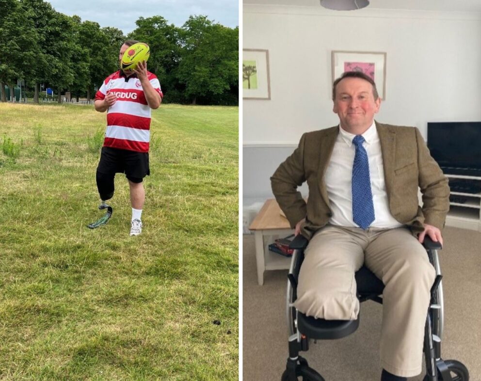 Two images showing Steve with his newly adapted leg playing rugby and Steve in his wheelchair in a suit. 