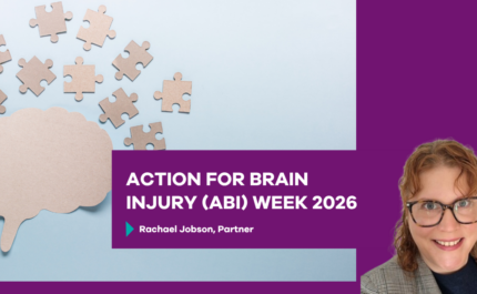 Promotional graphic for “Action for Brain Injury (ABI) Week 2026”. On the left, a flat lay arrangement of light wooden jigsaw puzzle pieces appears scattered above a brain-shaped cut-out piece on a soft blue background. In the centre, a purple rectangular banner displays the text “ACTION FOR BRAIN INJURY (ABI) WEEK 2026” with “Rachael Jobson, Partner” below it, preceded by a small teal triangular icon. On the right, a headshot of a person with glasses and a blazer is placed against a solid purple background.