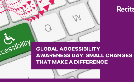 Close-up of a computer keyboard with a green key labelled “accessibility” featuring a wheelchair icon. A purple banner overlays the image with the text “GLOBAL ACCESSIBILITY AWARENESS DAY: SMALL CHANGES THAT MAKE A DIFFERENCE,” alongside the Recite Me logo in the top right. Decorative pink geometric shapes appear in the top left.