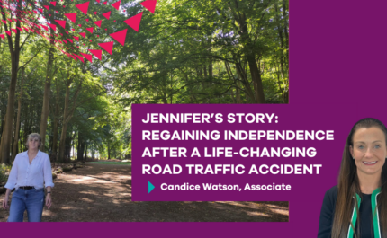 Promotional graphic showing a person walking along a sunlit woodland path surrounded by tall green trees. A bold purple panel overlays the right half of the image with white text reading: “Jennifer’s Story: Regaining Independence After a Life-Changing Road Traffic Accident.” Below, smaller text reads “Candice Watson, Associate.” On the far right, there is a cut-out portrait of a person in professional attire. Red triangular graphic elements appear in the top left corner.