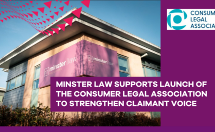 Exterior of a modern office building with a purple “Minster Law” sign mounted on the corner facade under a blue sky. A bold purple banner overlays the lower portion with the text “Minster Law supports launch of the Consumer Legal Association to strengthen claimant voice.” In the top right corner, the Consumer Legal Association logo appears on a purple background, with abstract red triangular graphics in the upper left.