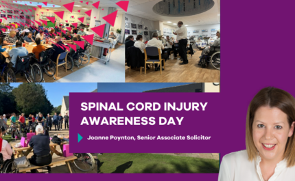 Promotional graphic for “Spinal Cord Injury Awareness Day.” The design features a purple background with bold white text reading “SPINAL CORD INJURY AWARENESS DAY” and smaller text underneath: “Joanne Poynton, Senior Associate Solicitor.” On the right is a professional headshot of a person wearing a light-colored top. On the left are three photos showing group activities involving wheelchair users and others: a large indoor gathering around tables with bunting decorations, a seated group discussion in a bright room, and an outdoor event with people gathered at picnic benches. The overall layout combines community scenes with a corporate-style presentation.