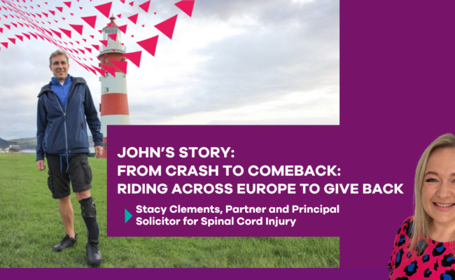 Promotional graphic featuring a person standing on grass in front of a red-and-white striped lighthouse under a cloudy sky. The person is wearing a blue jacket, black shorts and a prosthetic lower leg. A purple text panel overlays the image with the headline: “JOHN’S STORY: FROM CRASH TO COMEBACK: RIDING ACROSS EUROPE TO GIVE BACK.” Below, the text reads: “Stacy Clements, Partner and Principal Solicitor for Spinal Cord Injury.” A portrait photo appears on the right against a purple background, with red triangular graphic elements extending across the top left corner.