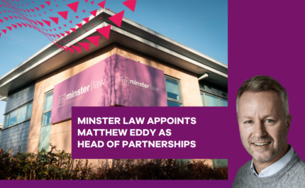 Promotional graphic announcing a senior appointment at Minster Law. The image features the exterior of a Minster Law office building with a large purple Minster Law sign. Overlaid text reads: "MINSTER LAW APPOINTS MATTHEW EDDY AS HEAD OF PARTNERSHIPS". On the right-hand side is a professional headshot of an individual wearing a light grey jumper against a purple background. The design uses Minster Law branding colours, with purple panels and pink geometric accents.