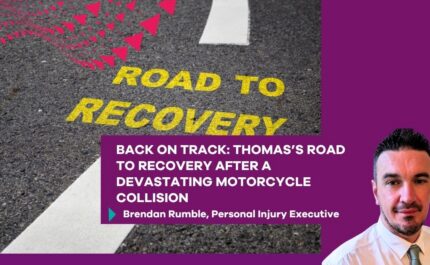 Promotional graphic for a personal injury case study titled “Back on Track: Thomas’ Road to Recovery After a Devastating Motorcycle Collision.” The image features the words “Road to Recovery” painted in yellow on a road surface with white lane markings. Overlaid on the image is a purple text panel highlighting the case study title and crediting Brendan Rumble, Personal Injury Executive. A professional headshot is positioned on the right-hand side against a purple background, with pink geometric accents in the top-left corner.