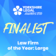 Graphic announcing a finalist nomination at the Yorkshire Legal Awards 2026. The design features a blue geometric background with the Yorkshire Legal Awards 2026 logo in white at the top. Large yellow handwritten-style text reads “FINALIST”. Below, white text states “Law Firm of the Year: Large”. The overall design uses blue, white, and yellow branding colours.