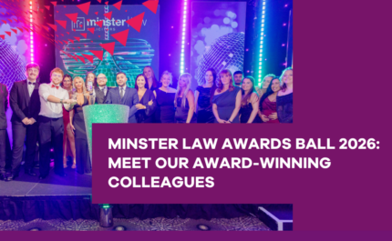 Promotional graphic for the Minster Law Awards Ball 2026 featuring a group photo of colleagues on an awards stage with colourful purple, pink and blue lighting. A large text overlay reads: “MINSTER LAW AWARDS BALL 2026: MEET OUR AWARD-WINNING COLLEAGUES”. The background includes disco ball-themed graphics, the Minster Law logo and a glittering podium.
