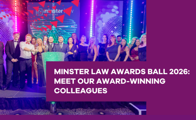 Promotional graphic for the Minster Law Awards Ball 2026 featuring a group photo of colleagues on an awards stage with colourful purple, pink and blue lighting. A large text overlay reads: “MINSTER LAW AWARDS BALL 2026: MEET OUR AWARD-WINNING COLLEAGUES”. The background includes disco ball-themed graphics, the Minster Law logo and a glittering podium.