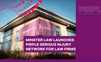 Promotional graphic announcing the launch of the PiRPLE serious injury network. The image features the exterior of a Minster Law office building photographed from a low angle against a blue sky. A large purple Minster Law sign is mounted on the corner of the building. Overlaid on the image is a purple text panel with the headline: “Minster Law Launches PiRPLE Serious Injury Network for Law Firms.” The PiRPLE logo appears in the top-right corner alongside the tagline, “The Personal Injury Law Firm Network.” Pink geometric triangle graphics extend across the top-left corner, while a purple border frames the bottom and right-hand side of the design. The overall colour scheme uses purple, pink and white branding elements